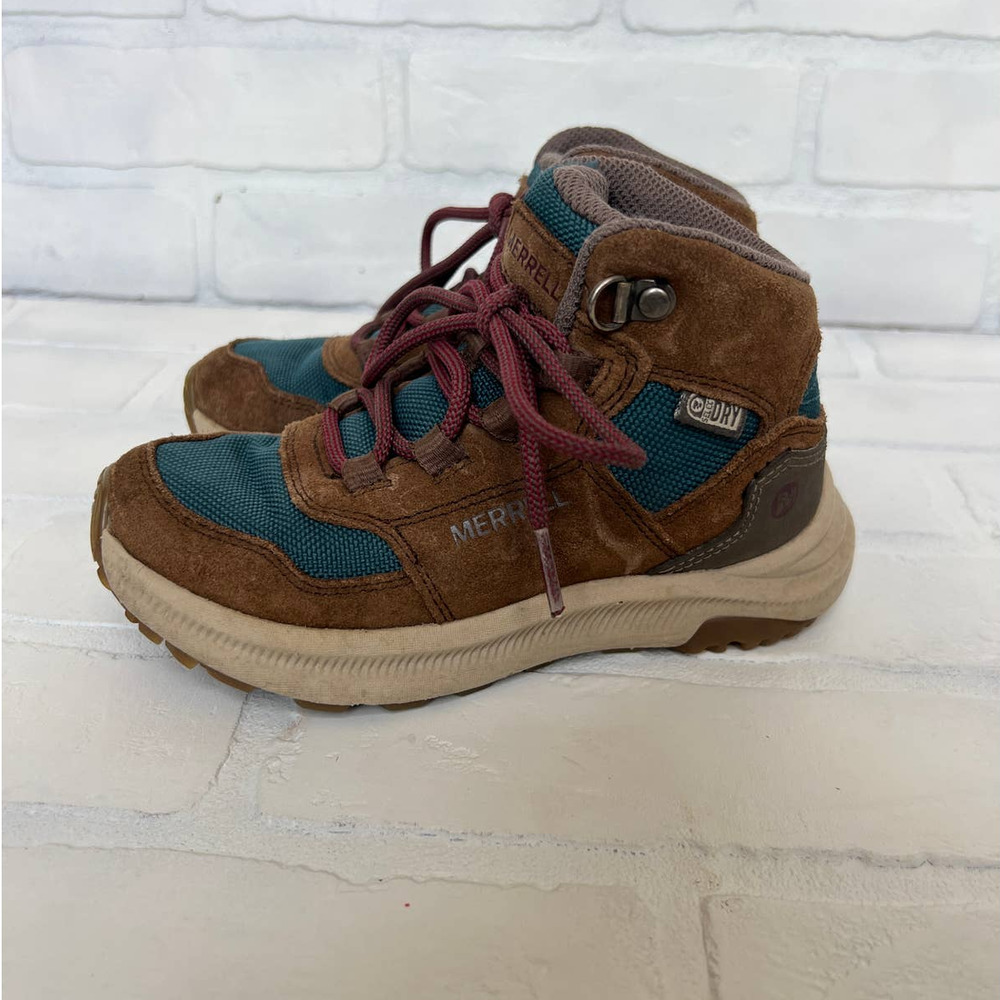Merrell Little Boys Leather/Textile Hiking Boots Ankle Brown Green Shoes -sz 12